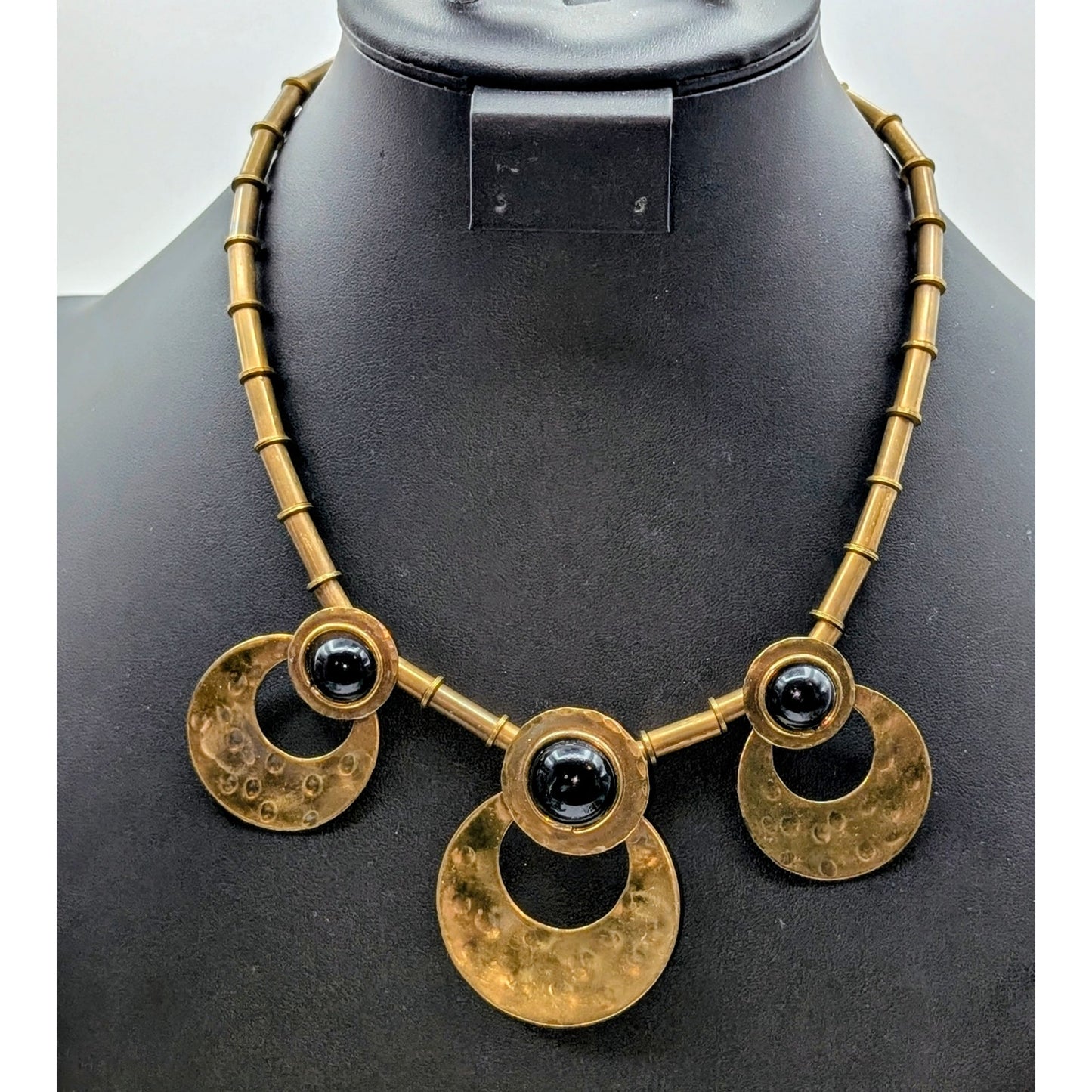 Vintage Brass Open Circles Black Cabochon Tribal Statement Necklace