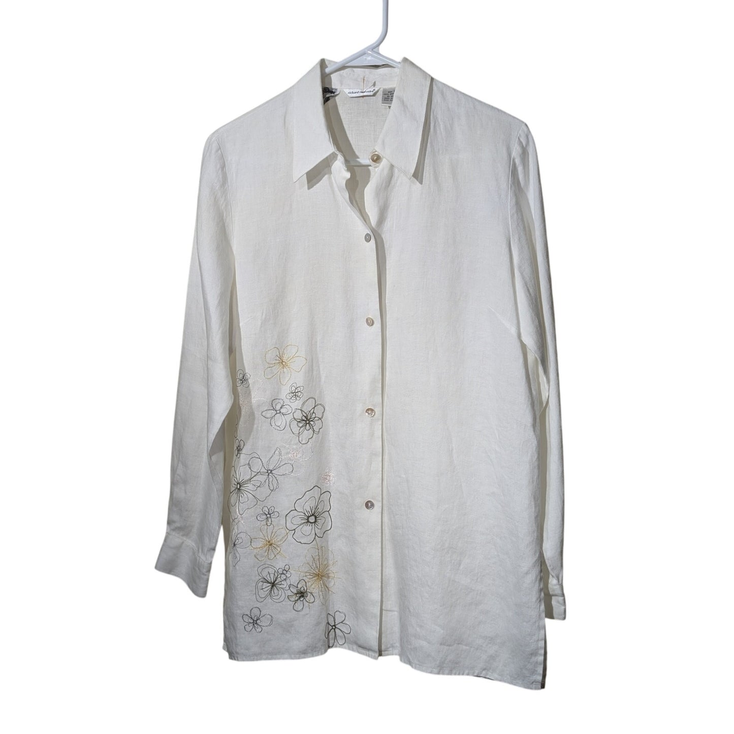 Vtg Richard Malcolm Irish Linen Ecru Embroidered Flowers Button Front Shirt Sz M