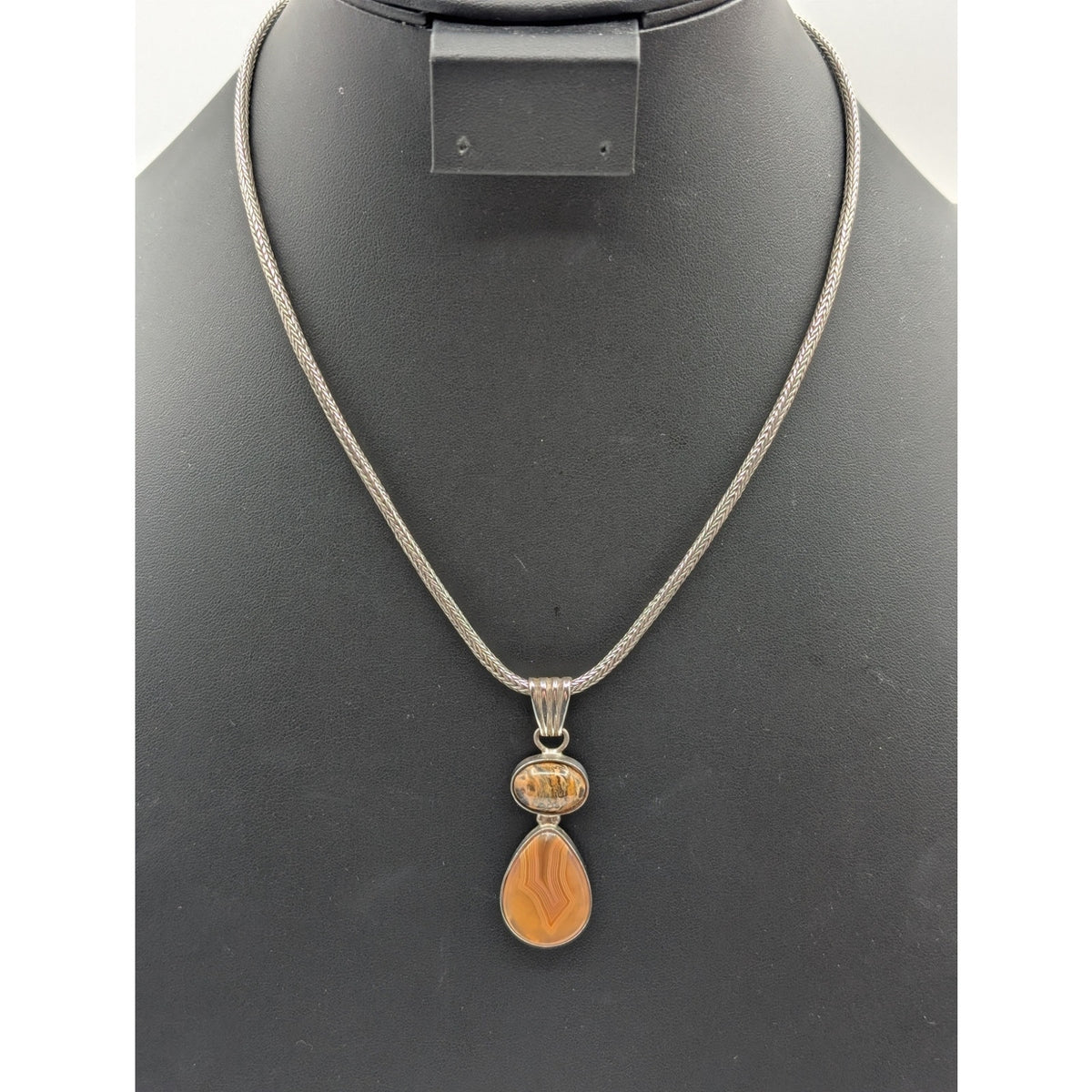 Vtg 'EG' 925 Sterling Orange Jasper Agate Stone Foxtail Chain Hook 18" Necklace
