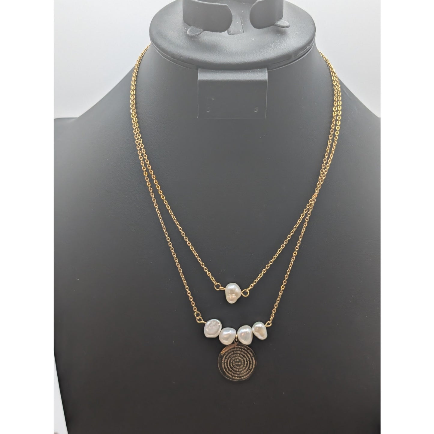 Gold Stainless Steel Pearl Double Strand Spanish 'Our Father' 17.5" Necklace