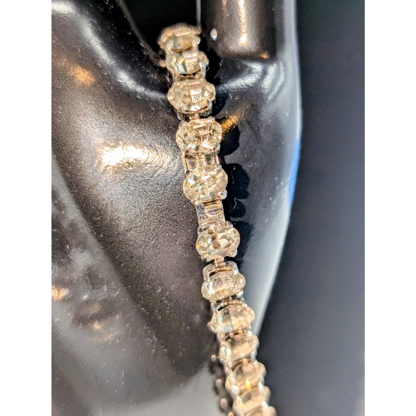 Vintage Oval Rhinestone Tennis Bracelet W/ Hand Signed Clasp