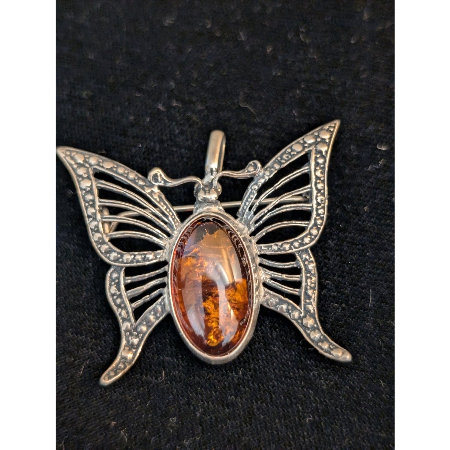 Vintage Sterling Silver Baltic Amber Butterfly Brooch/Pendant