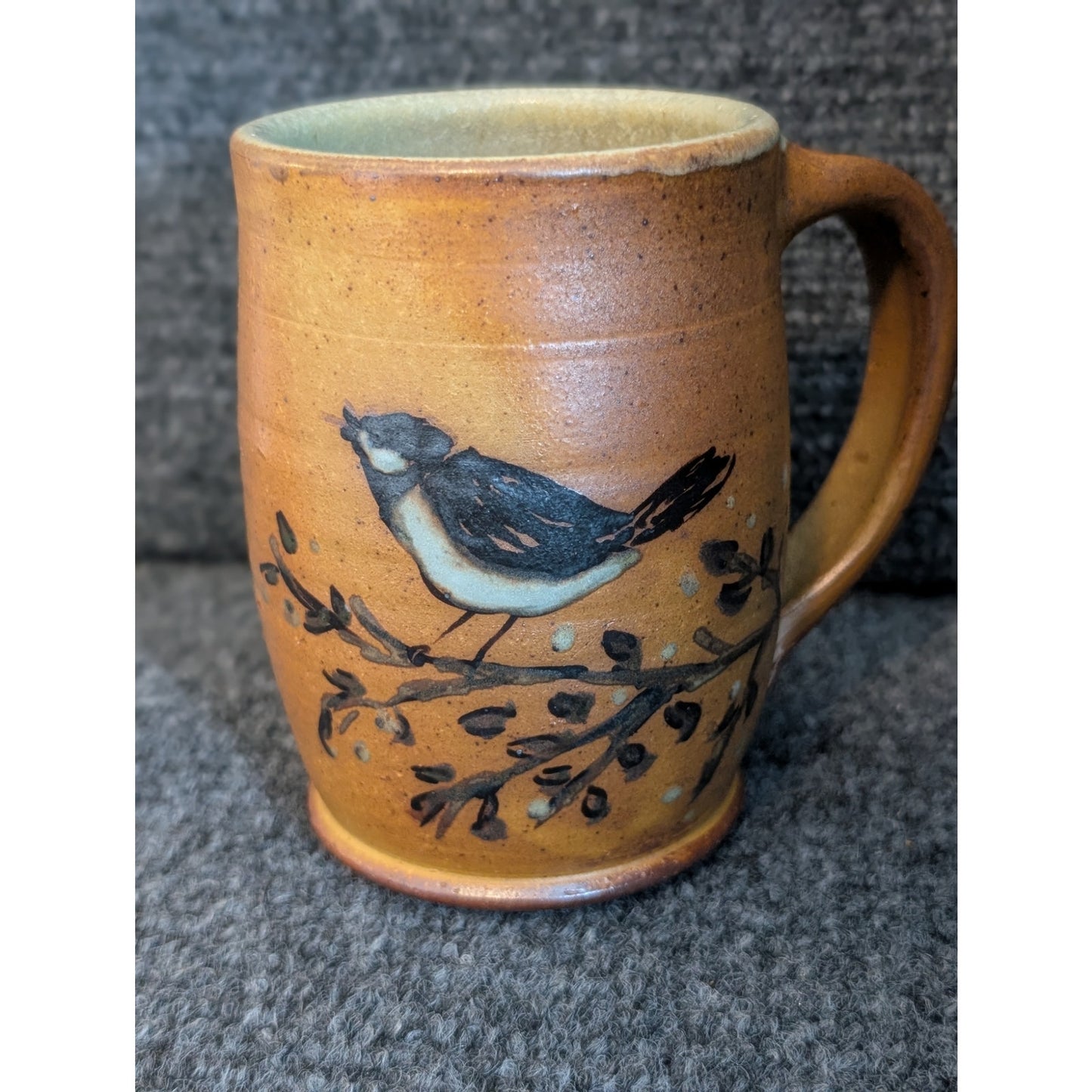 Signed Larkin Fox Pass Hand Thrown Bird on Branch Pottery Coffee Mug