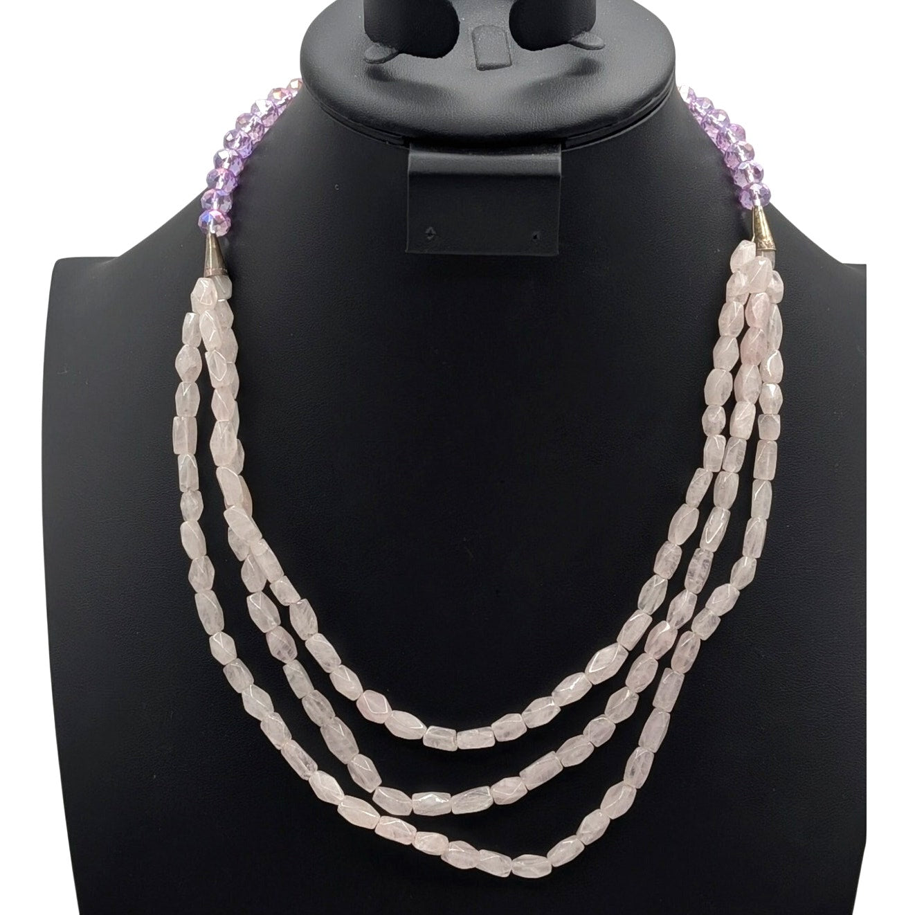 AB Lavender Crystal Pink Rose Quartz Stone 1 Strand to 3 Silver Tone Necklace