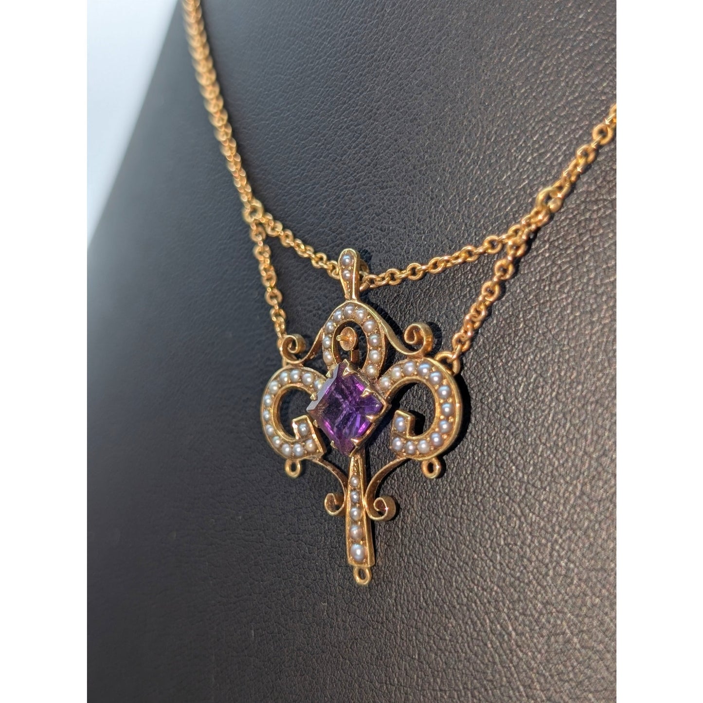 Antique 14k Yellow Gold Art Nouveau Amethyst Seed Pearl Festoon 15.5" Necklace