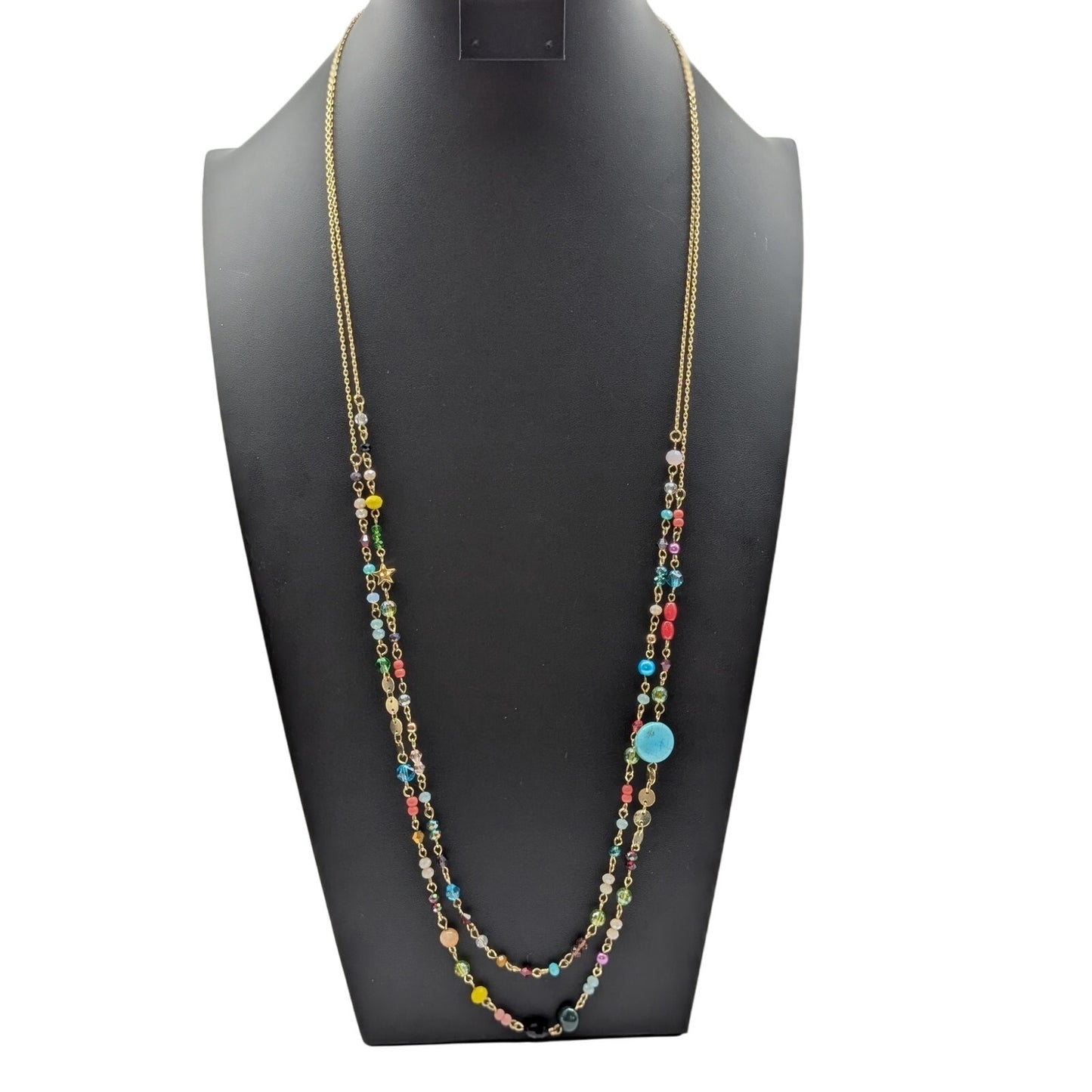 Plunder Double Strand Gold Tone Multi-Color Crystal Beaded Chain 31-34" Necklace
