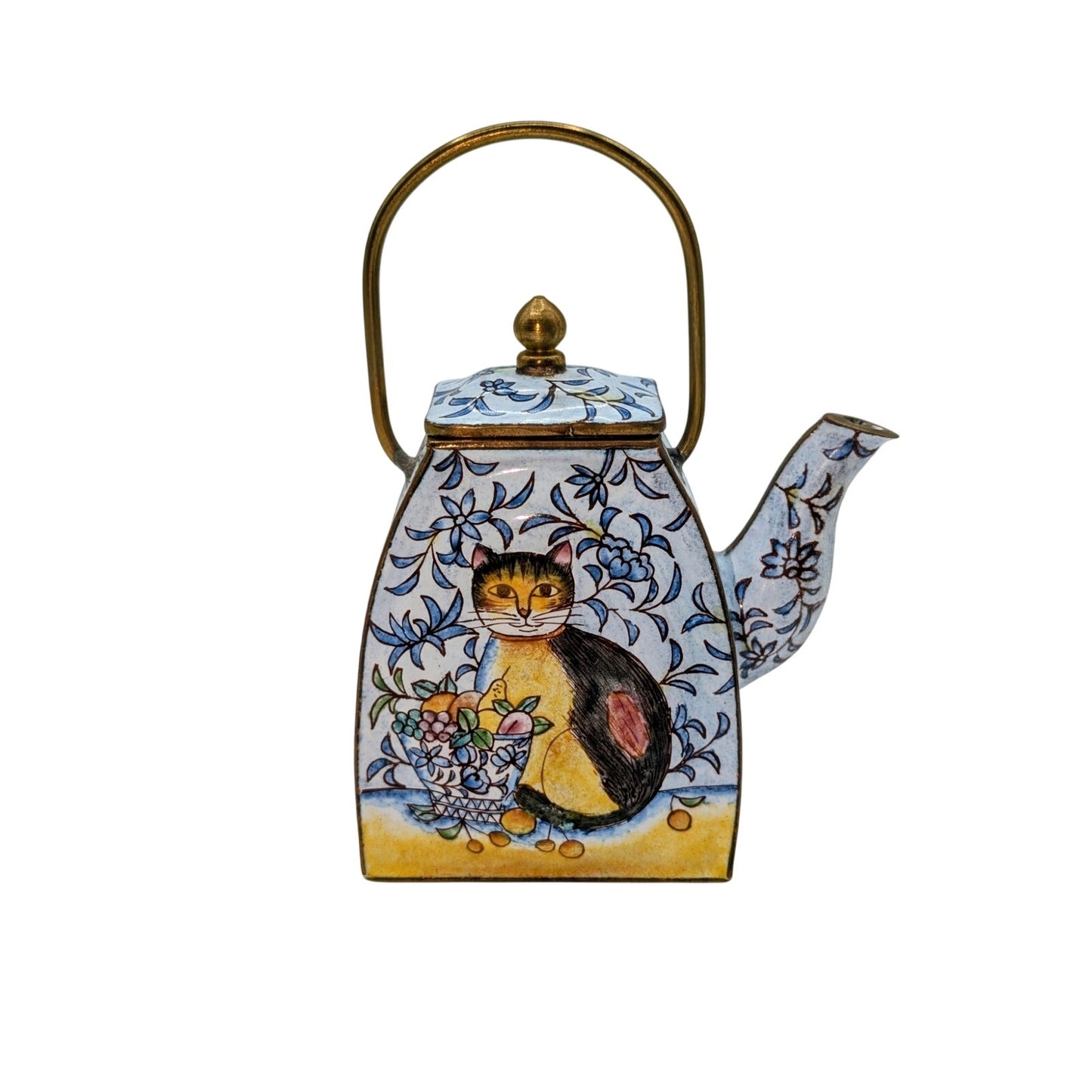 Vintage Empress Arts 1999 Enamel Cat Brass Collectible Mini Teapot