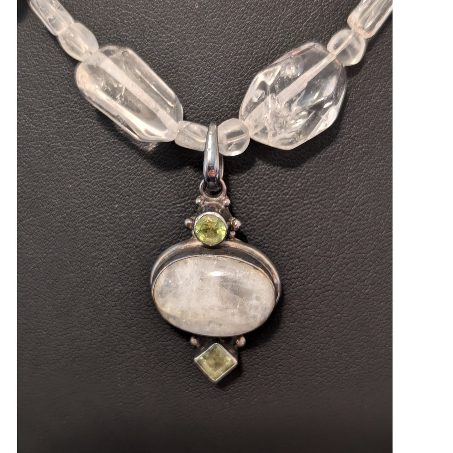 Polished Rock Quartz 925 Sterling Silver W/ Peridot Moonstone Pendant Necklace