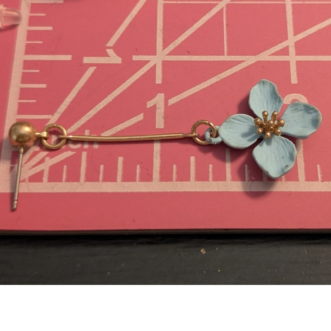 Vintage Light Blue Enamel Flower Gold Tone Dangle Earrings