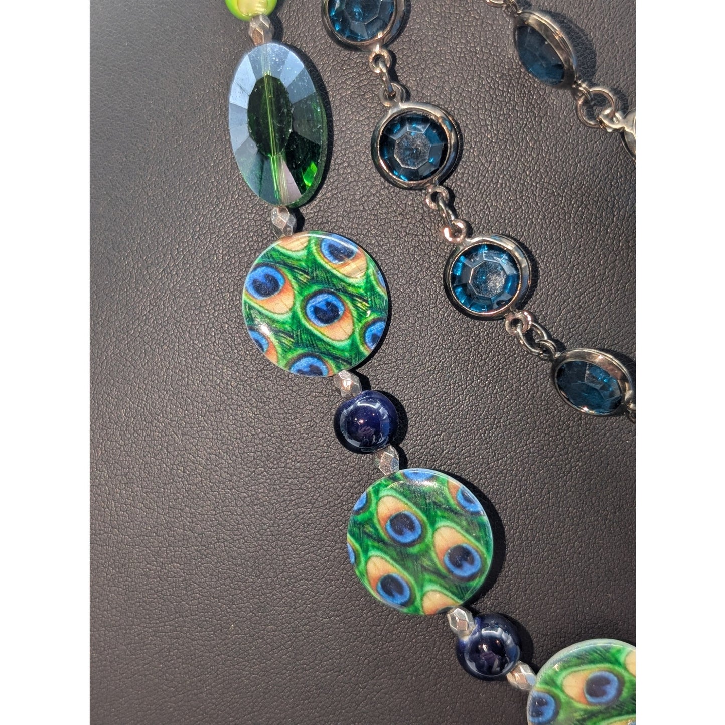 Lot of Blue Green Peacock Glass Czech Shell Crystal 3 Necklaces & 4 Bracelets