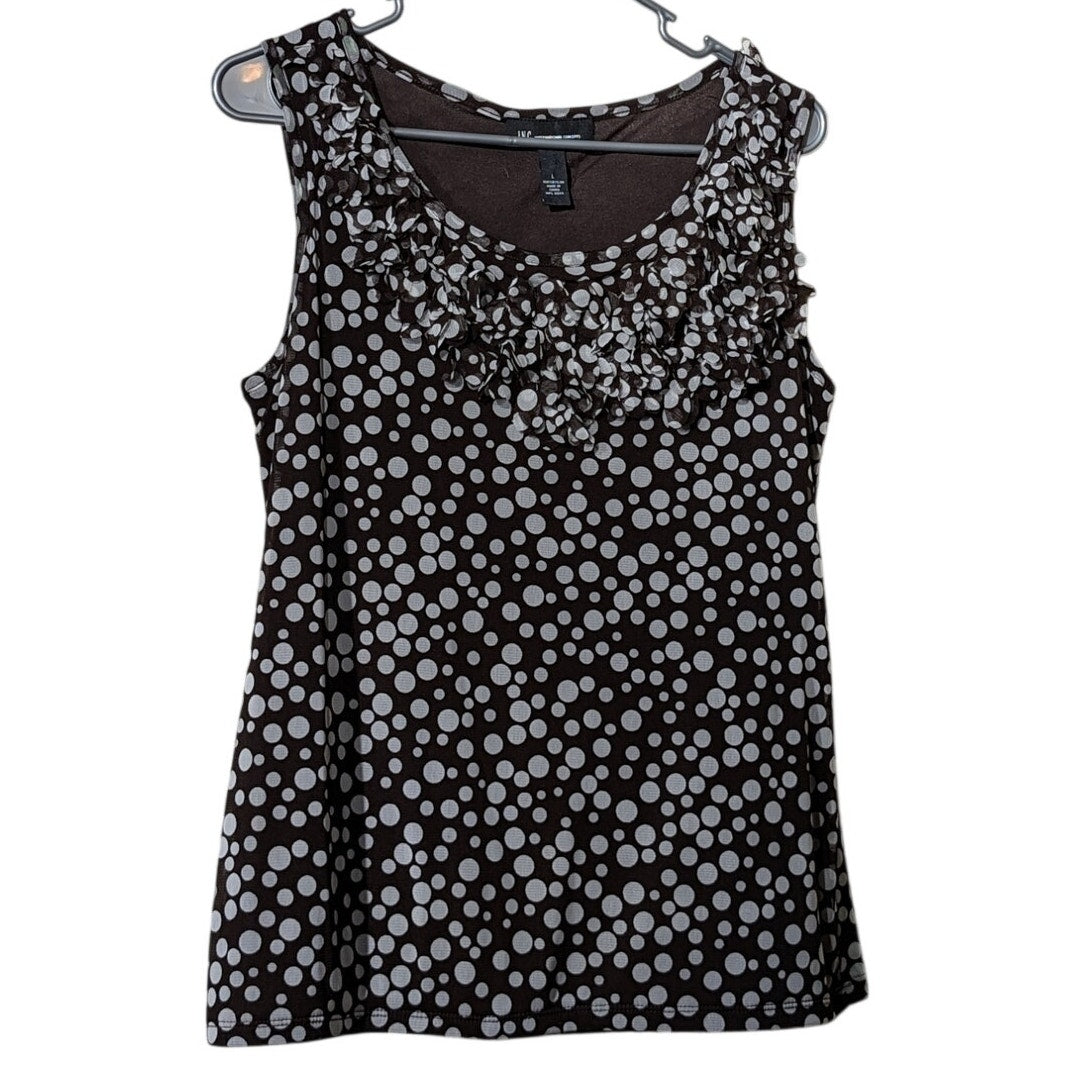 INC International Concepts Brown Polka Dot Flouncy Ruffle Neck Tank Womens Sz L
