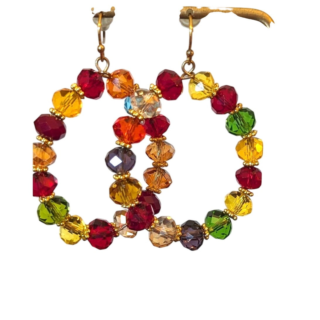 Gorgeous Colorful Glass Crystal Bead 1.75" Hoop Dangle Earrings