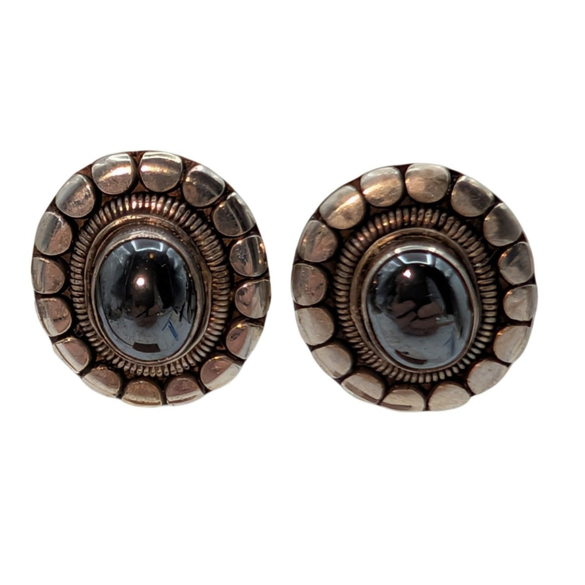Vintage 925 Sterling Silver Hematite Dot Circle Rope Design Post Earrings