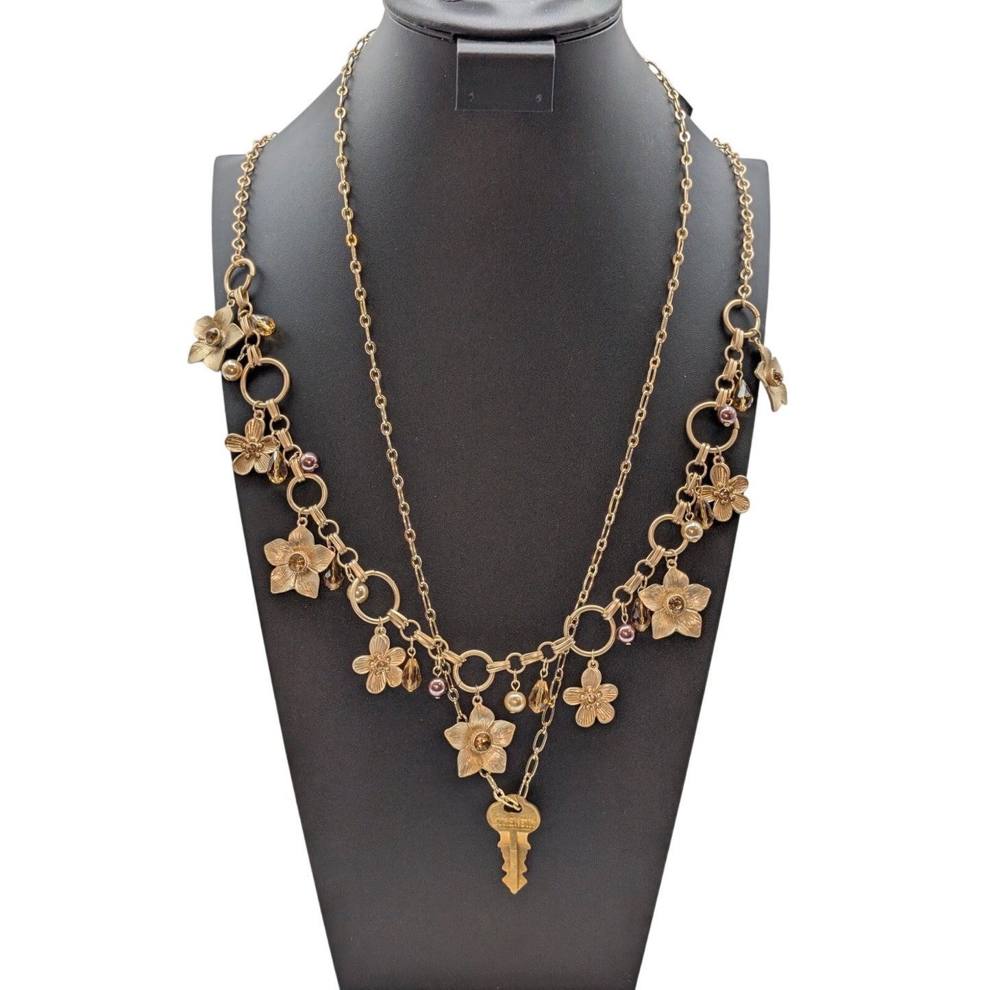 Lot of Two Gold Tone Dangling Flowers & A Giving Key Necklaces