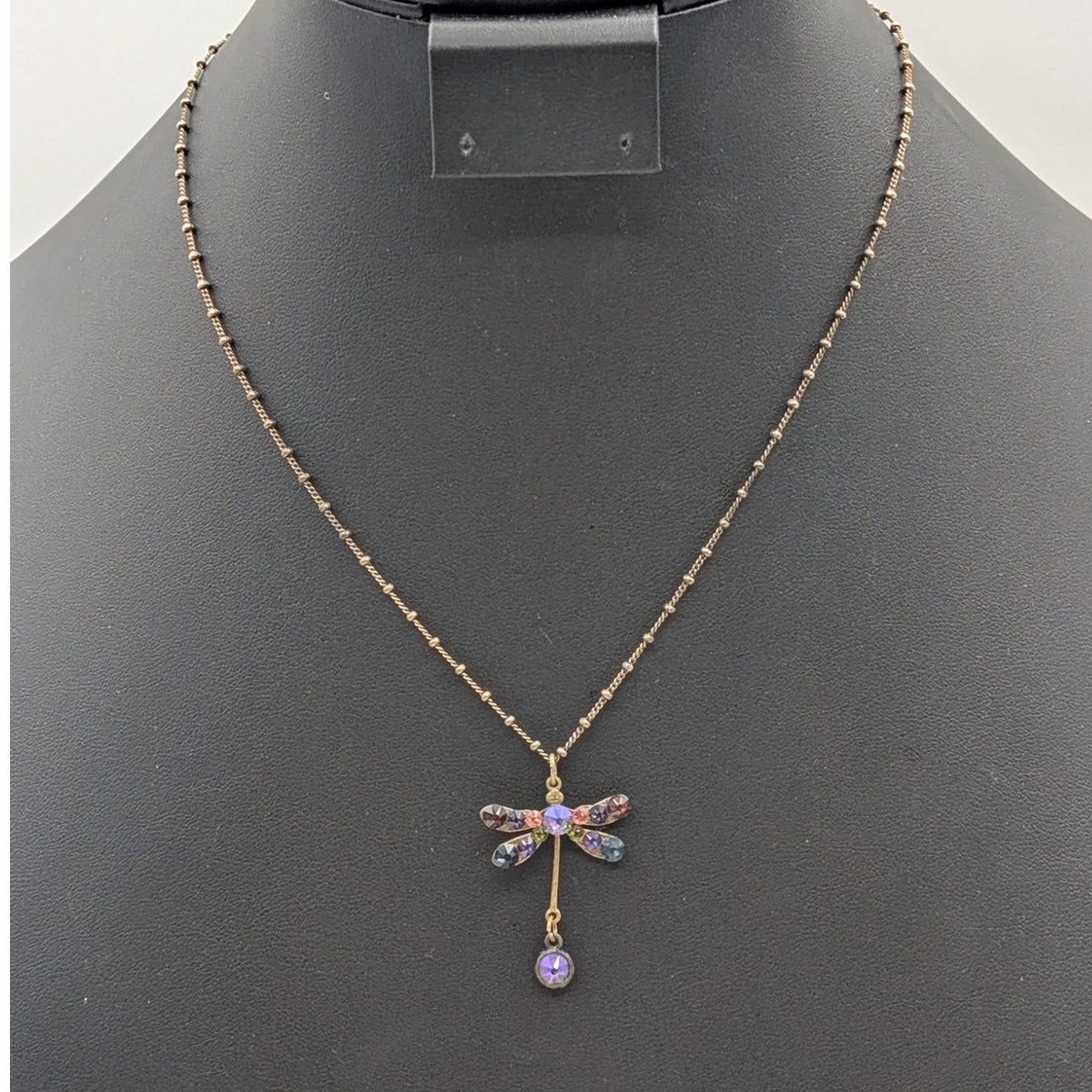 Vtg Anne Koplik Designs Crystal Antiqued Brass Beaded Chain Dragonfly Necklace