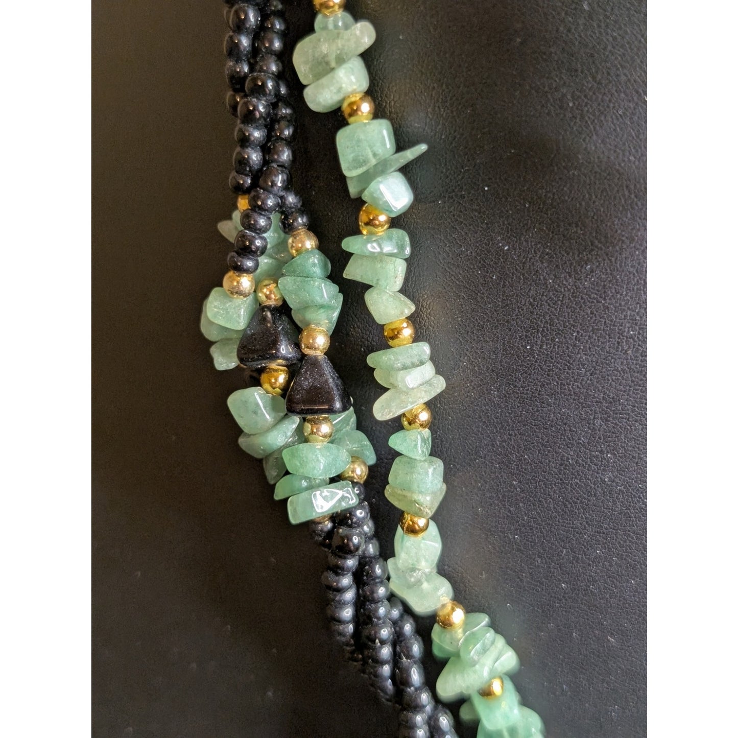 Lot of Two Vintage Green, Black & Gold Tone Beaded Necklaces & Matching Earrings
