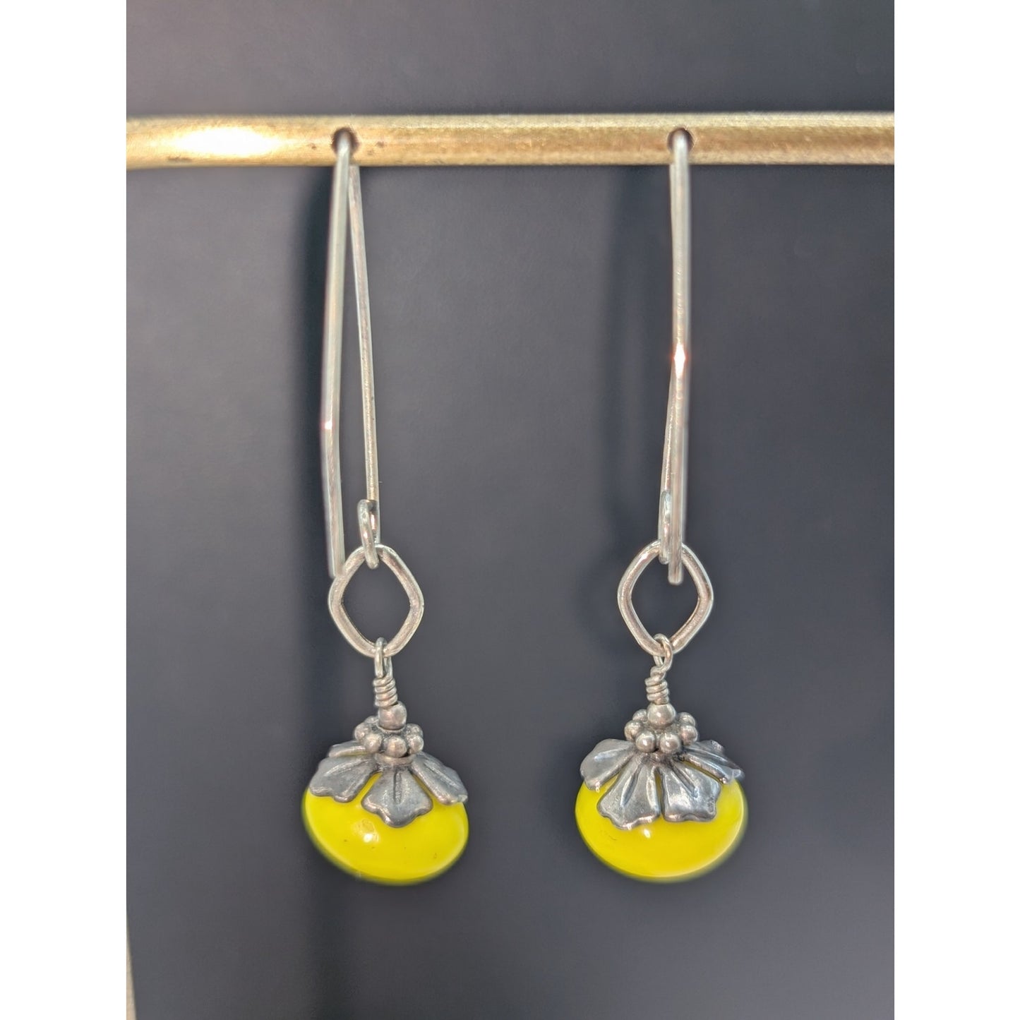 Vintage Pop of Yellow Glass Bead Sterling Wire Dangle Earrings