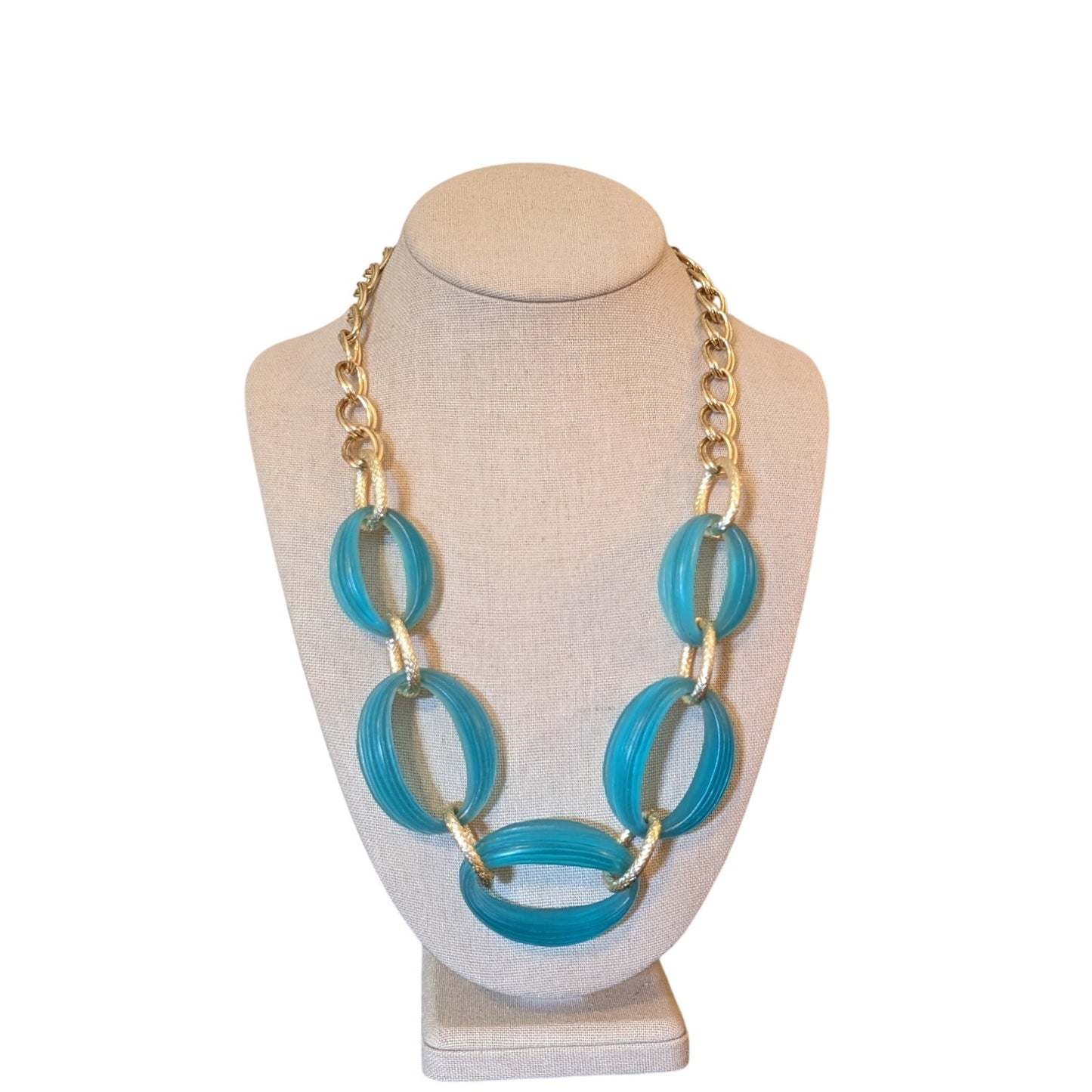 Aqua Oval Chunky Chain Links on a Gold Tone Chain Statement Necklace