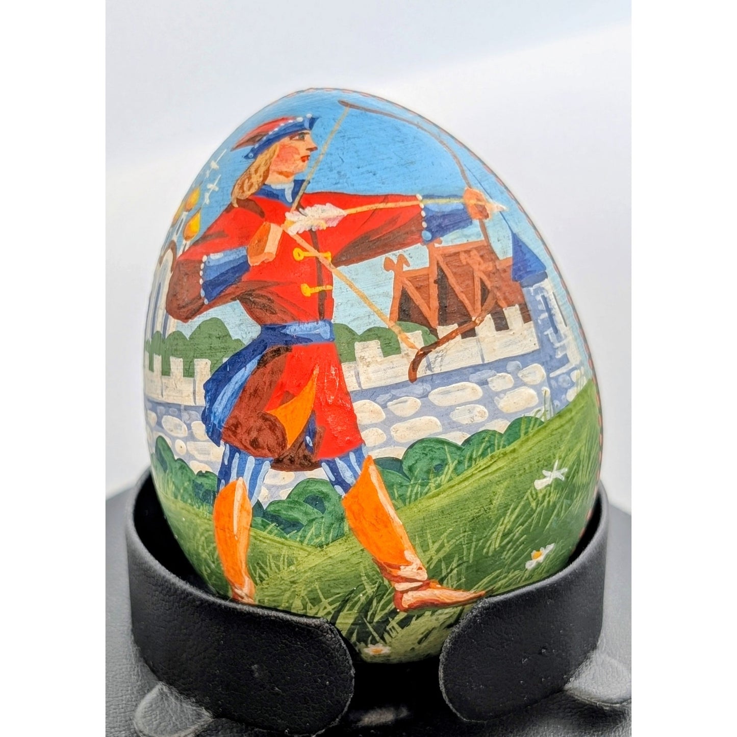 Wooden Russian Hand Painted Archer Man Frog Signed Black Decorative Egg