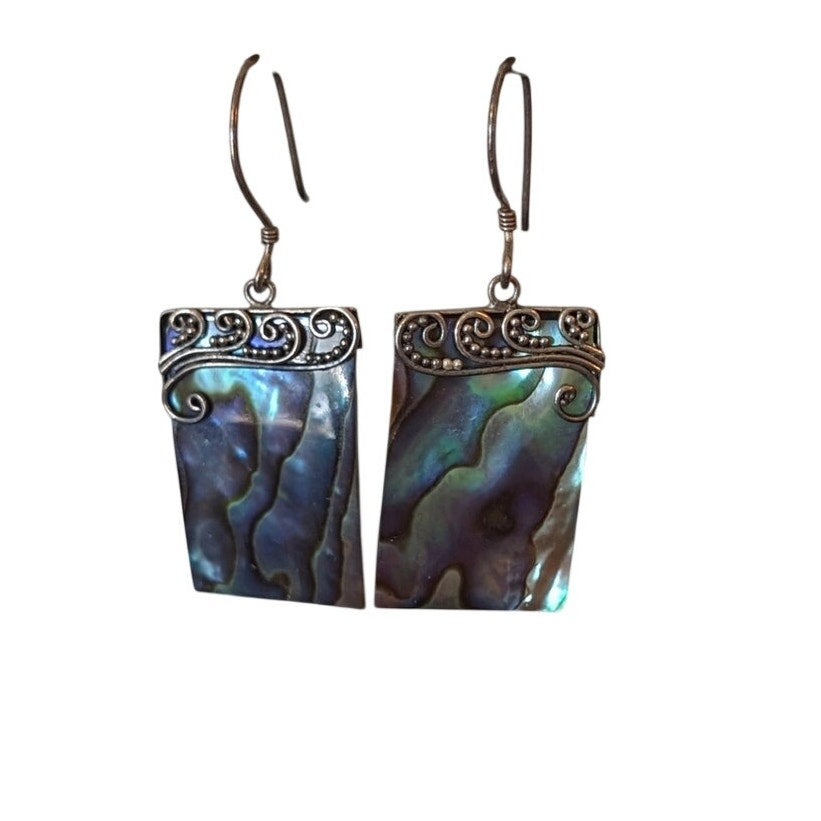 Marked 925 Sterling Silver Abalone Dangle French Wire Earrings