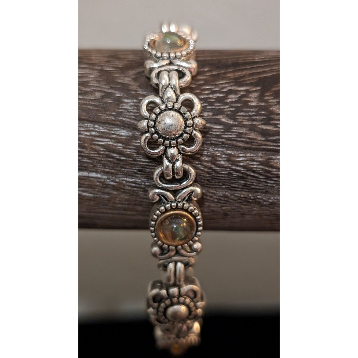 Silver Tone Yellow Opalescent Bead Station Flower Magnetic Closure Bracelet