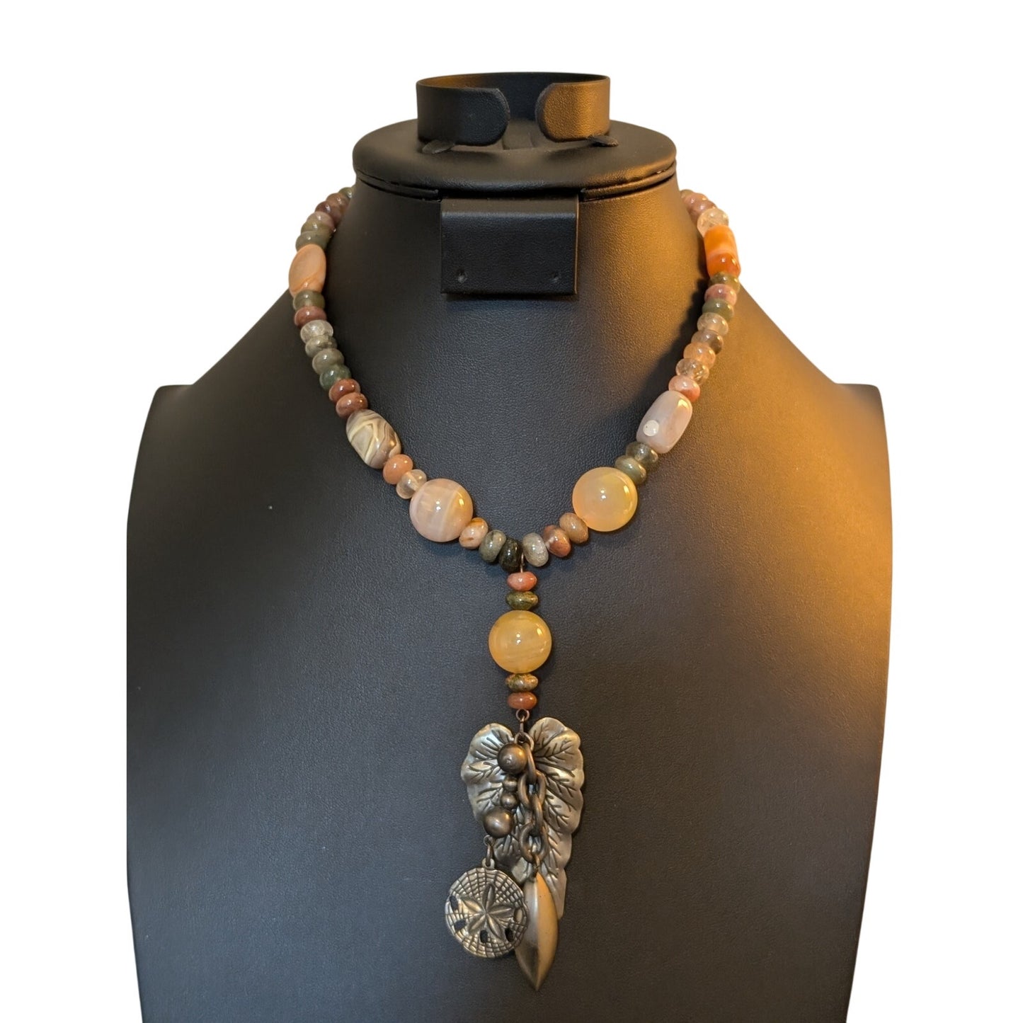Earth Tones Agate Stone Bead Boho Tribal Bronze Charm Dangles Necklace