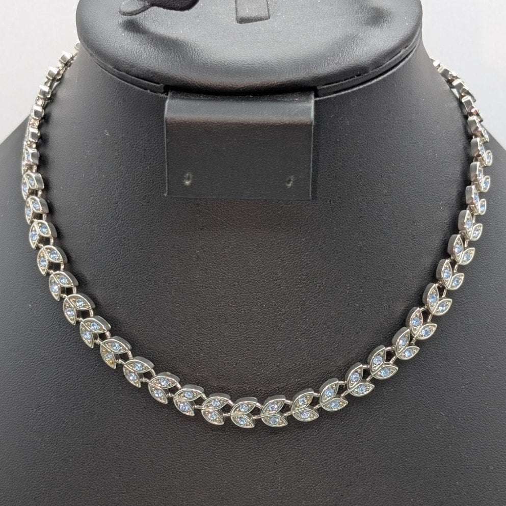 Light Blue Crystal Leaf Pattern Silver Tone Choker 16" Necklace