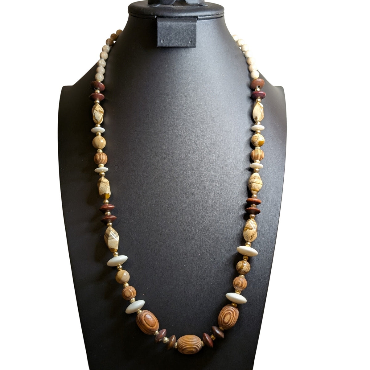 Vintage Wood Jasper Stone Bead 28" Necklace W/ Slide in Clasp.