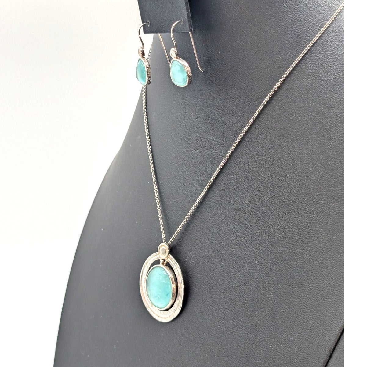 Vtg 925 Sterling Silver Israel Made Roman Glass Pendant Necklace & Earring Set