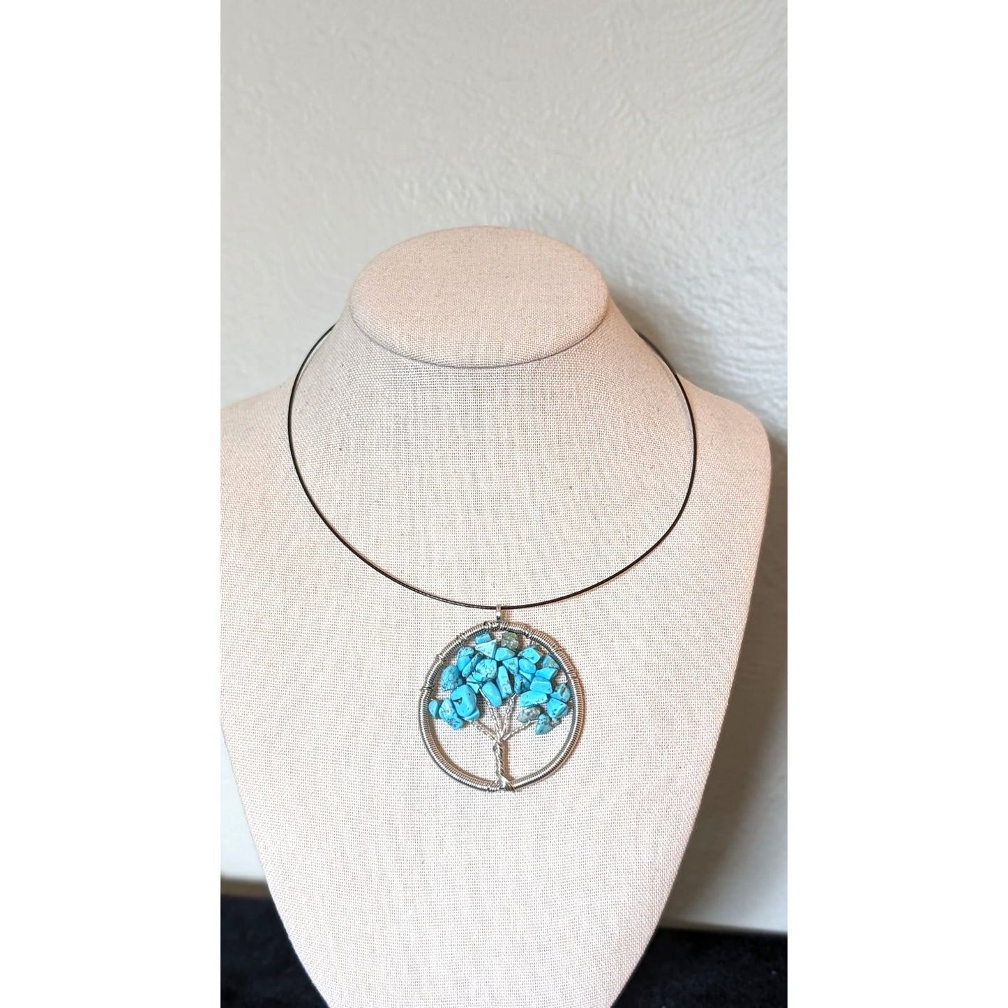 Blue Stone Chip Wire Wrapped Pendant Tree of Life on Black Choker Cable