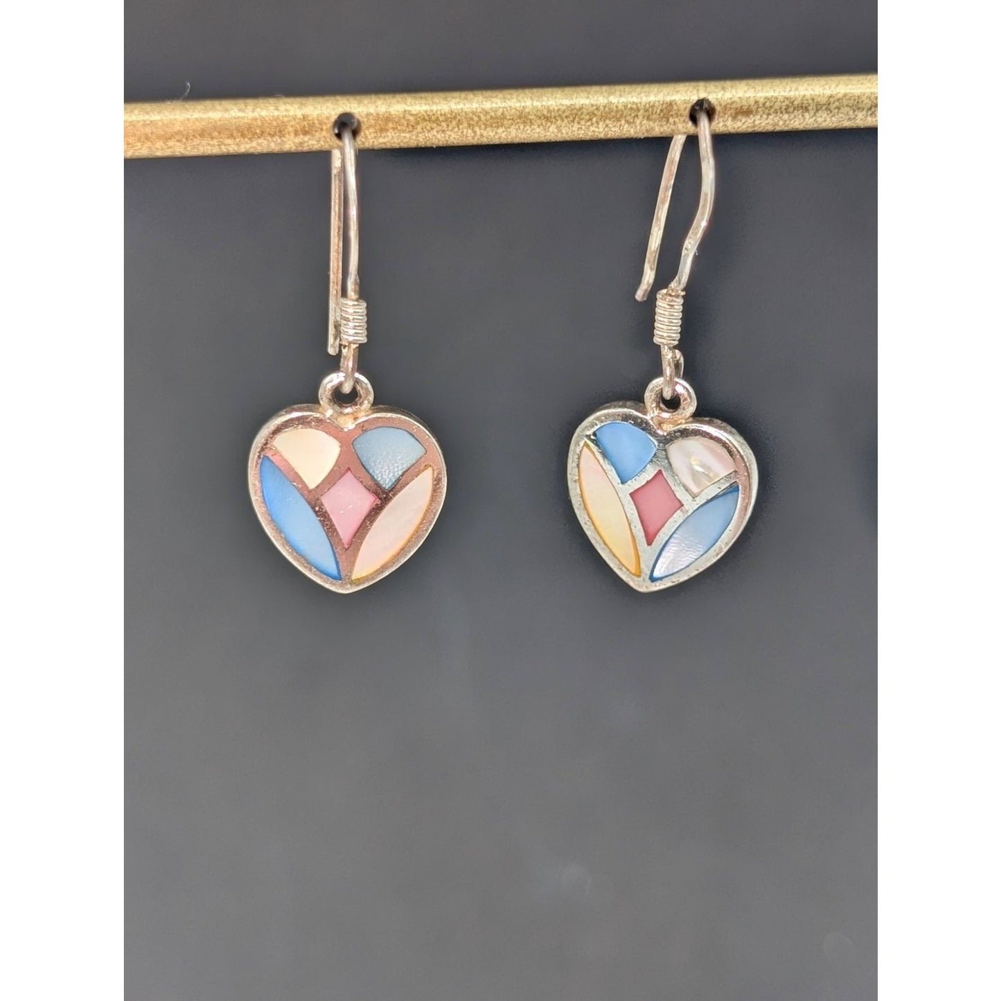 VTG 925 Sterling Silver Multi-Color Mother of Pearl Inlay Heart Dangle Earrings