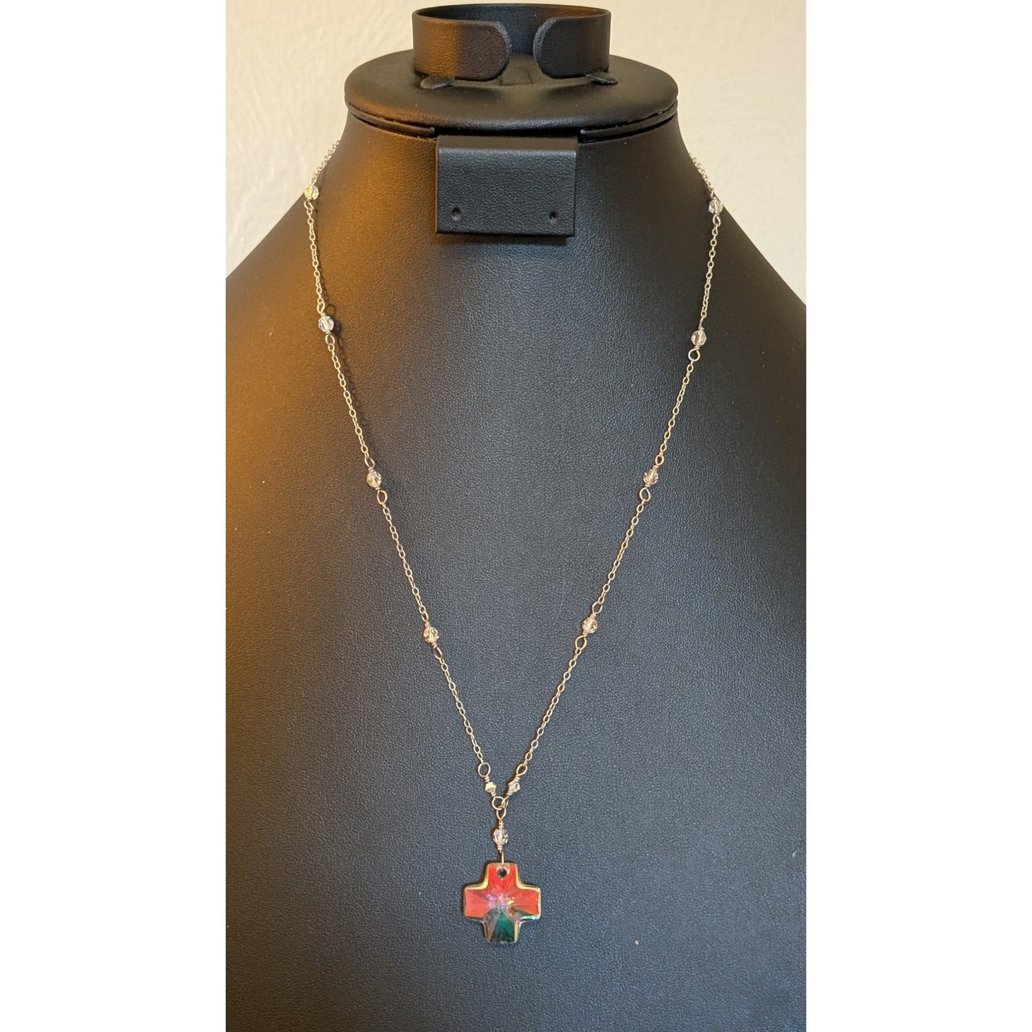 Crystal Prism Cross Pendant on Crystal Beaded 925 Sterling Chain