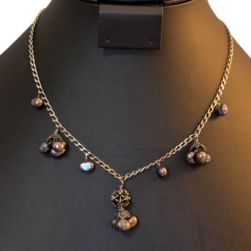 Vtg 925 Sterling Genuine Freshwater Peacock Pearl Dangling 15-16.5" Necklace