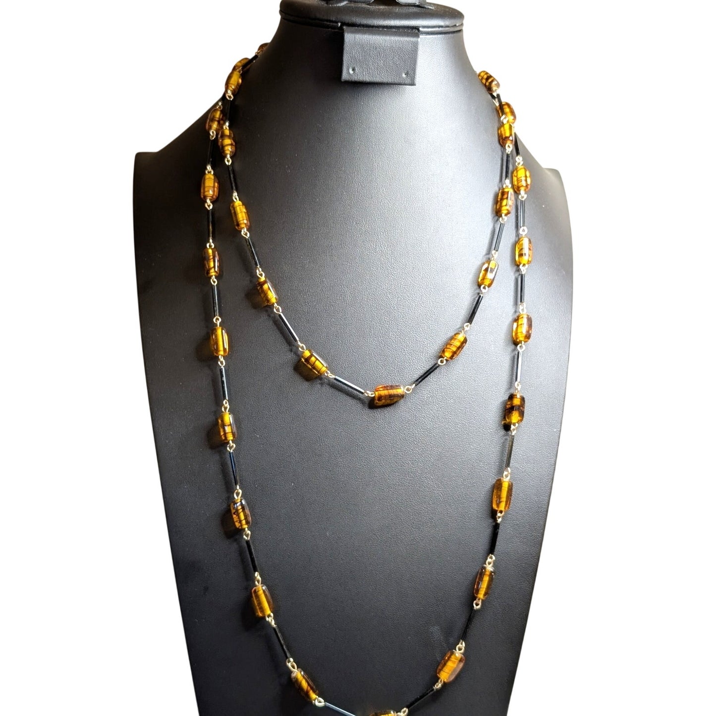 Vintage Amber Glass Black Bar Beaded 54" Long Necklace