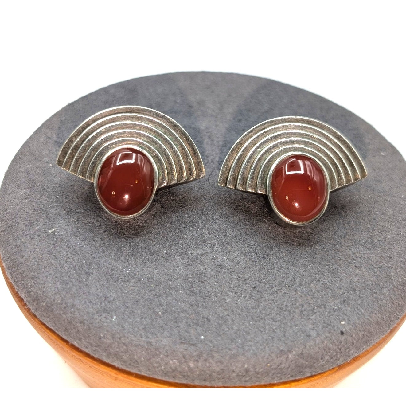 Vintage 80s Signed Nelson Levine Art Deco Style Carnelian Sterling Clip Earrings