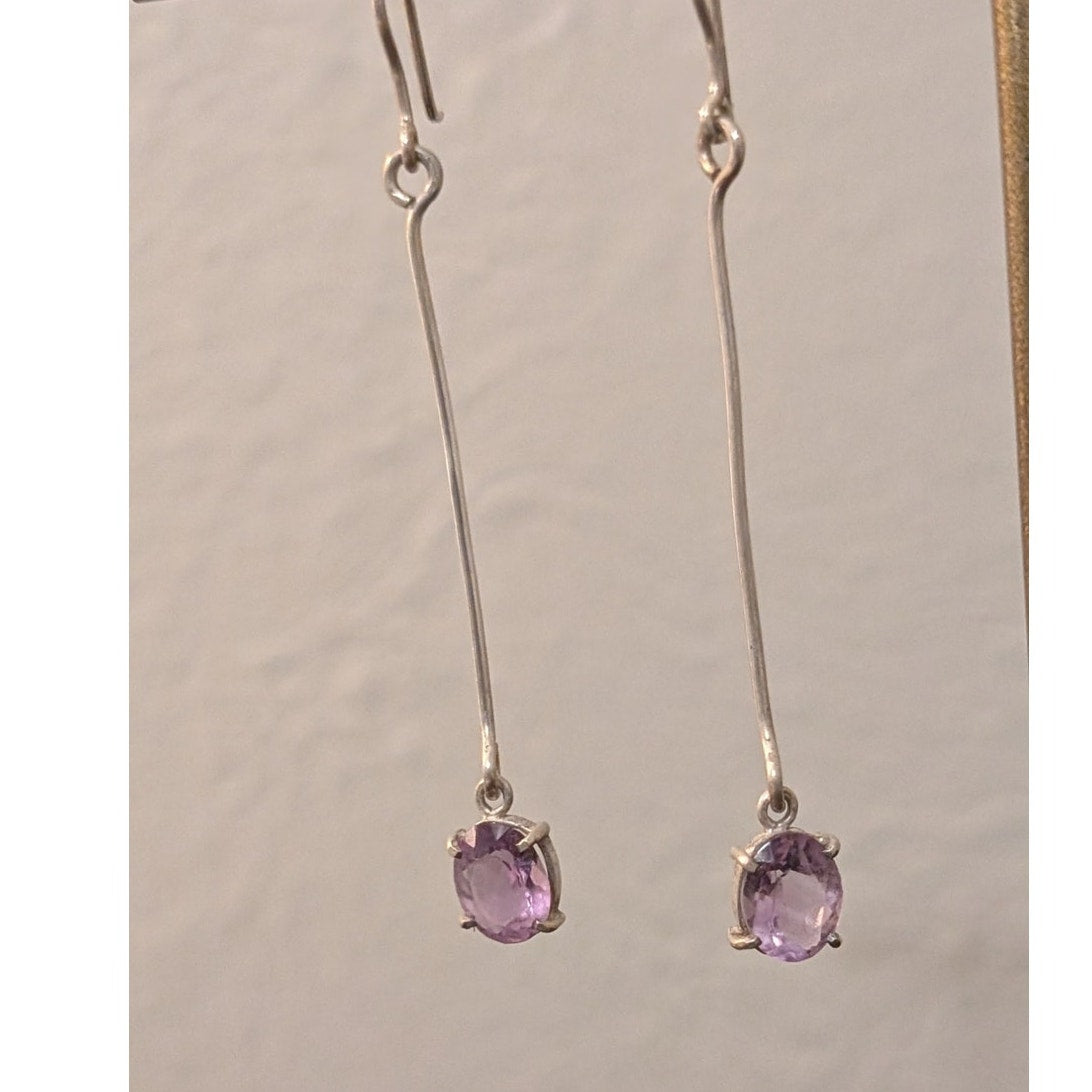 Vintage 925 Sterling Silver Long Bar Drop/Dangle Amethyst Gemstone Earrings