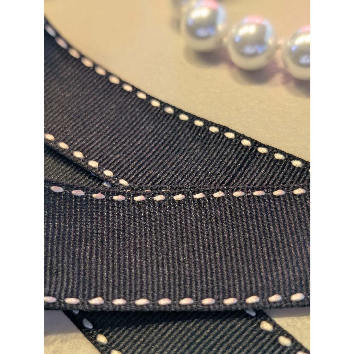 Vintage Contrasting Stitch Black Crossgrain Ribbon Pearl 77" Long Belt