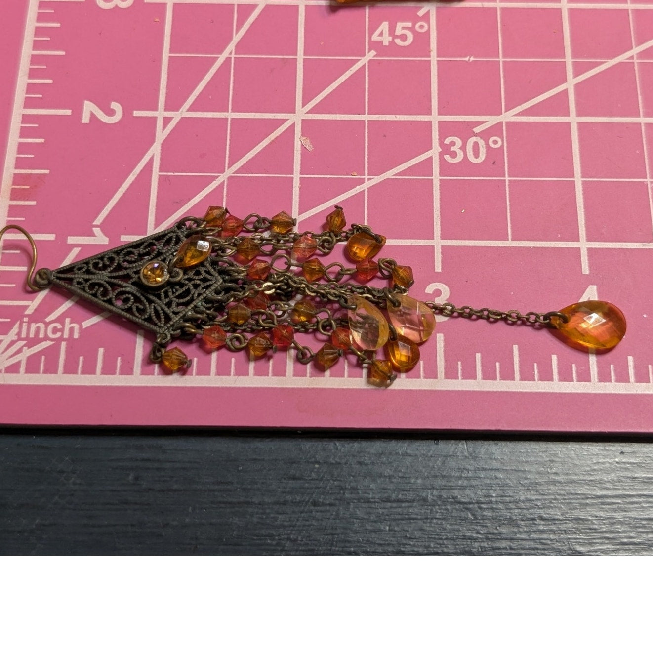 VTG Antiqued Chandelier Amber Color Filigree Crystal Chain Dangle Wire Earrings