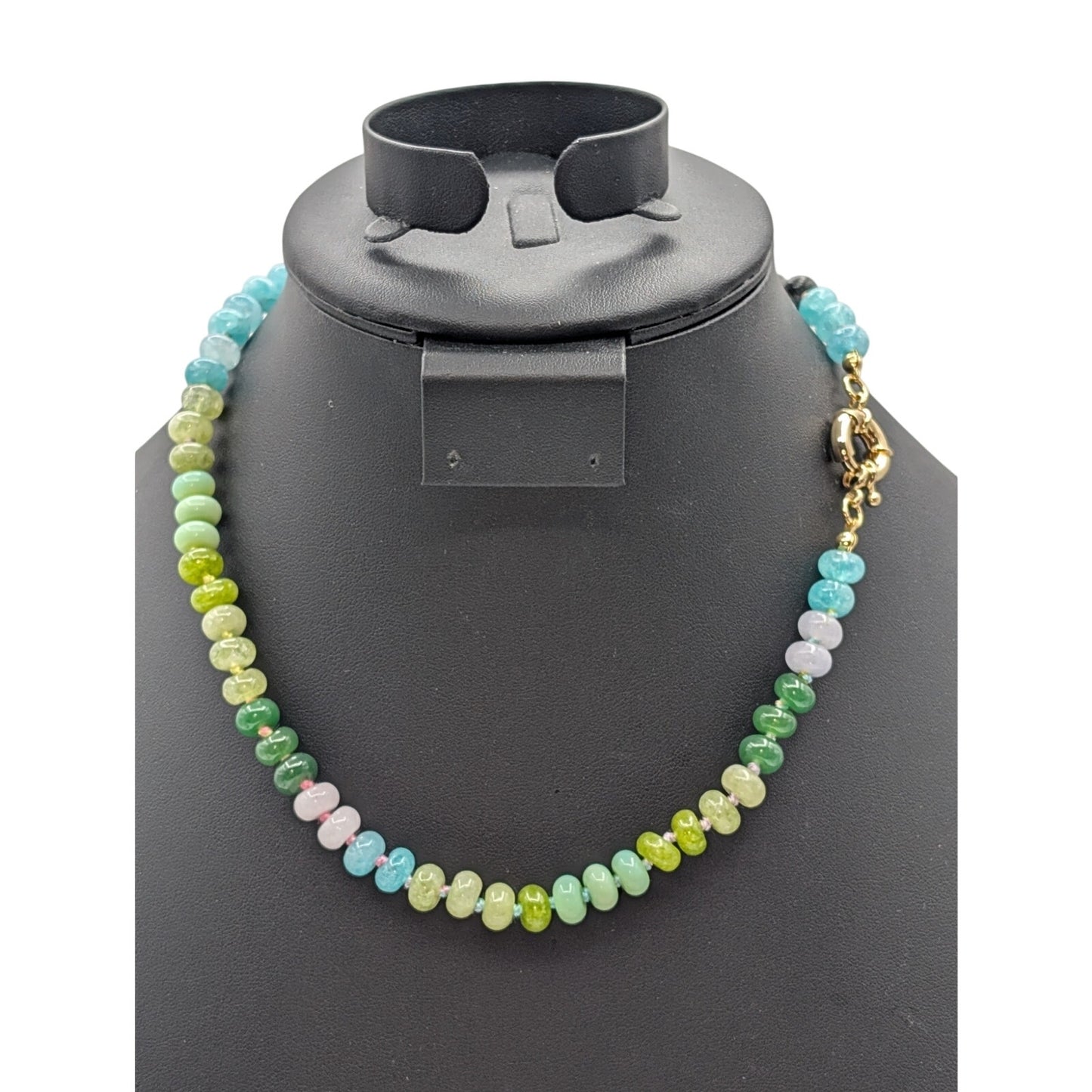 Green Blue Natural Gemstone Beaded Hand Knotted Choker 17.5" Necklace
