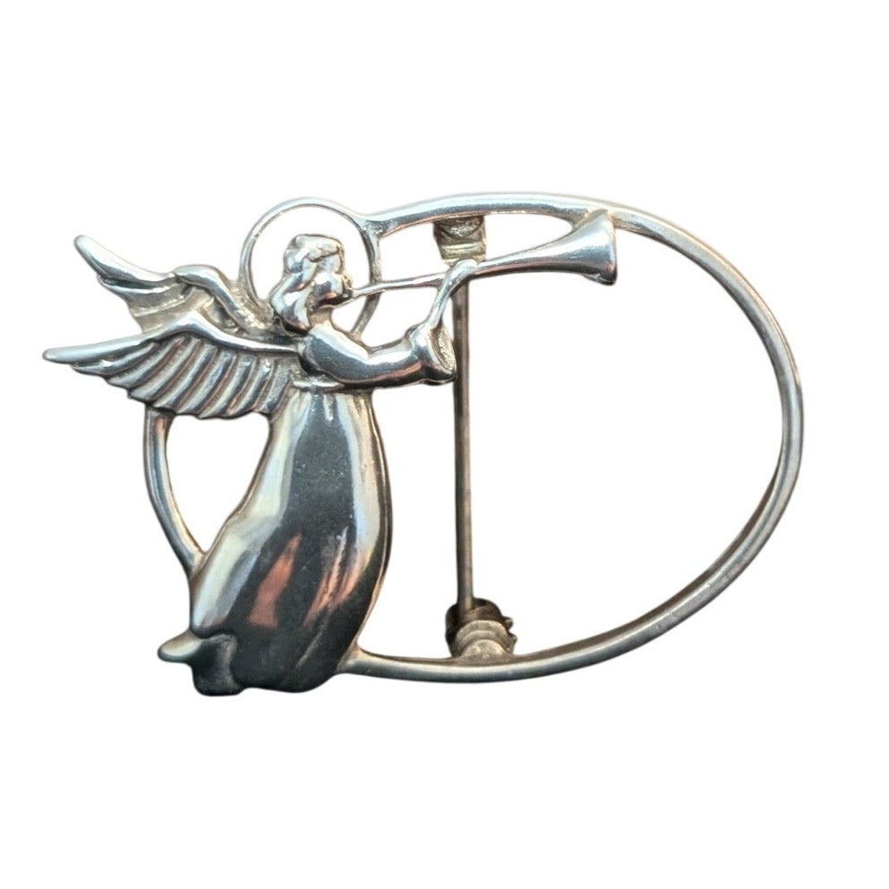 Vintage Jezlaine 925 Sterling Silver Flying Angel Blowing Trumpet Pin