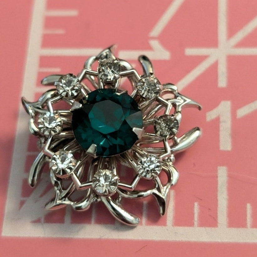 Vintage Darius Signed Silver Tone Green & Clear Rhinestone Pin
