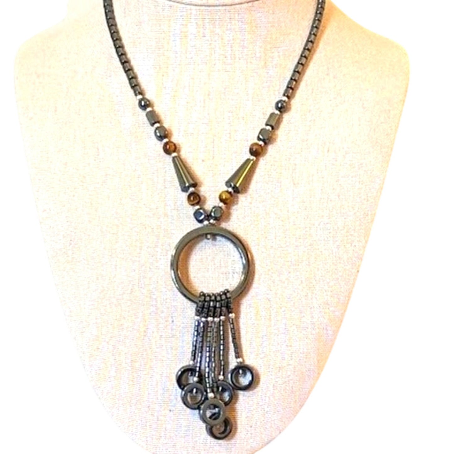 Hematite, Tiger's Eye and Silver Tone Beaded Necklace