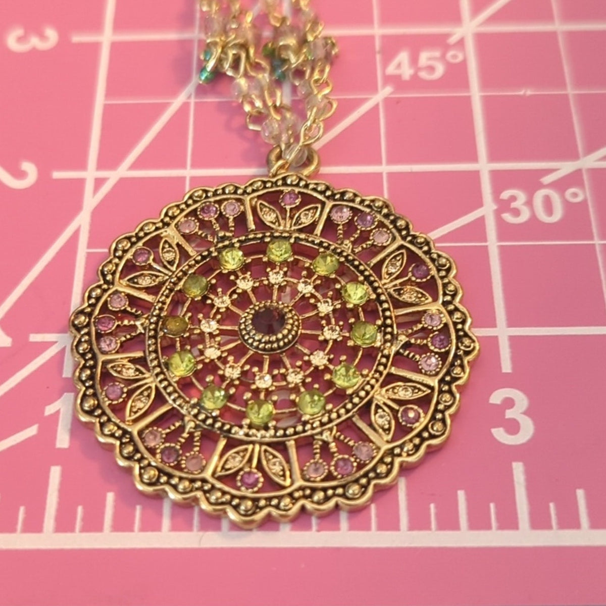 Gold Tone Double Strand Beaded Chain Pink Green Rhinestone Medallion Necklace