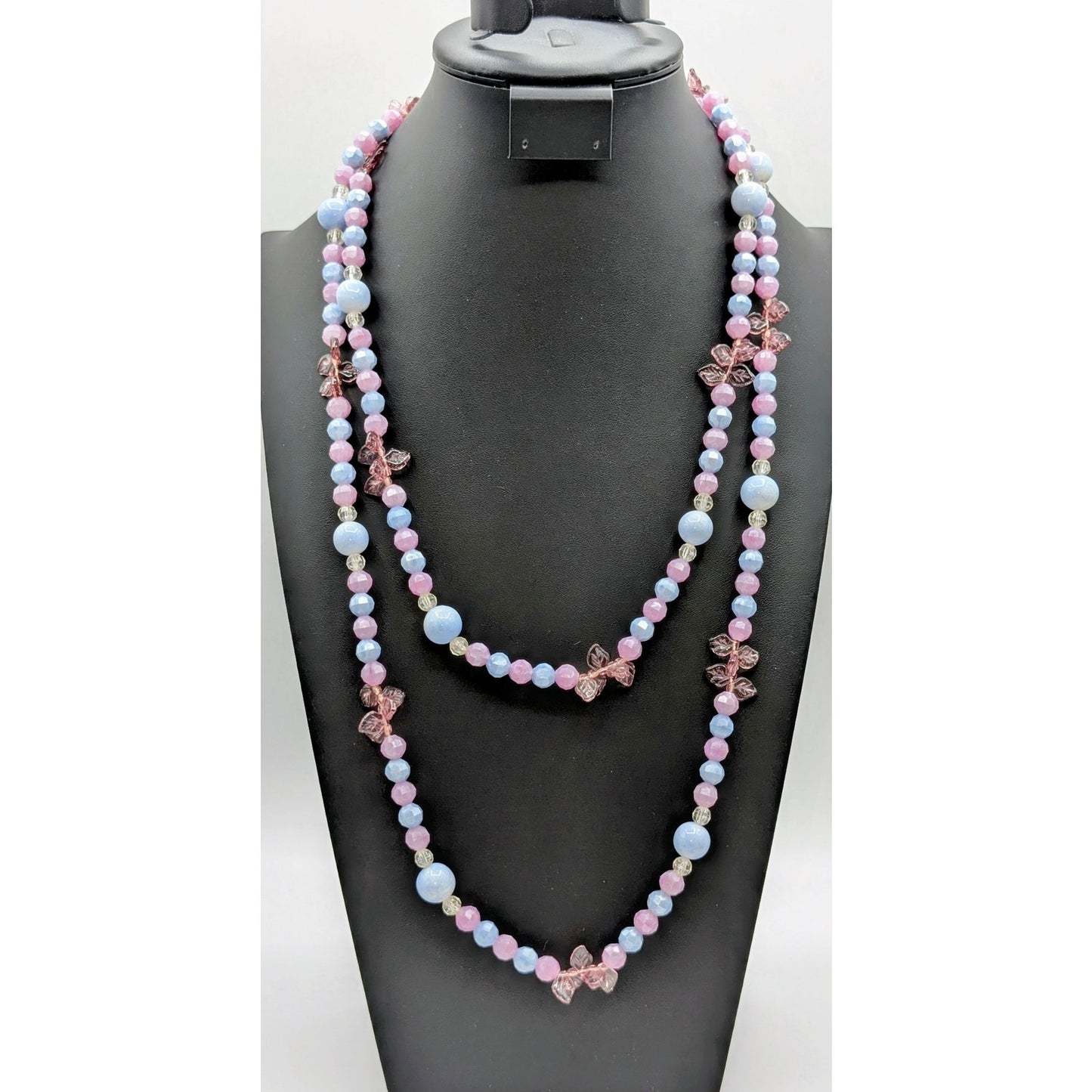 Vintage 60" Lavender Blue Acrylic & Glass & Leafy Beaded Necklace