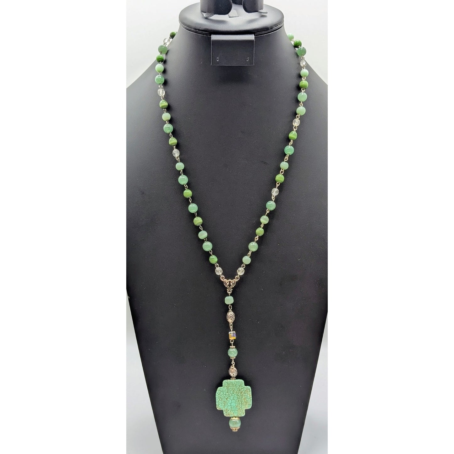 Green Stone Cat's Eye Crystal Bead Rosary Style Chain Y-Drop Toggle 23" Necklace