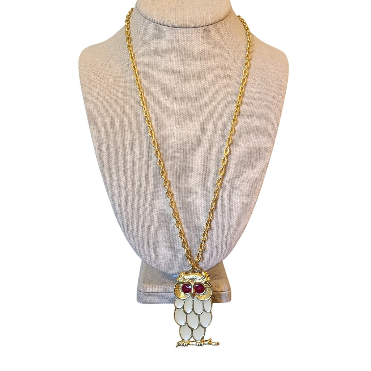 Sir R Cream Enamel Red Rhinestone Eyes Gold Tone Owl Pendant 24" Necklace