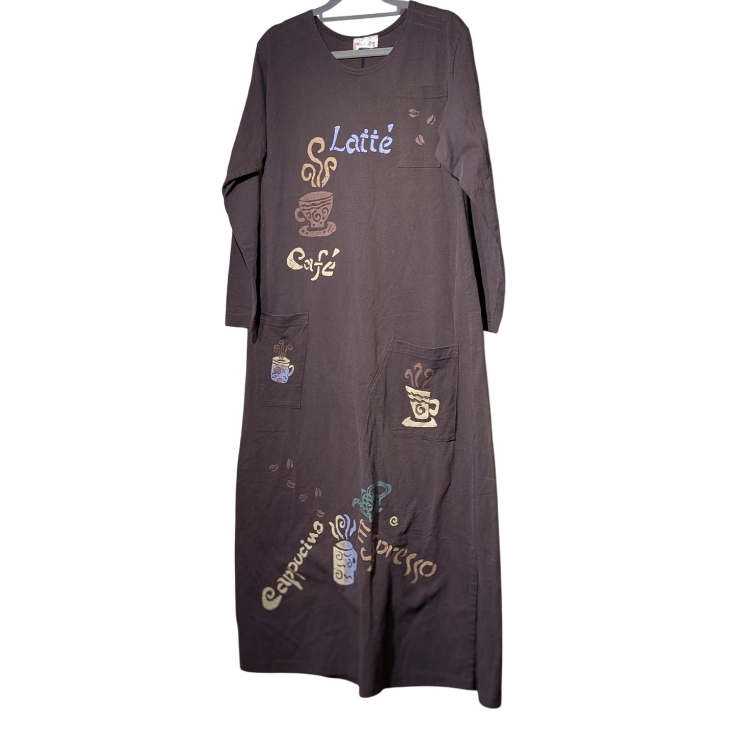 Vintage Mondo Lira 100% Cotton Brown Wearable Art Pocketed Coffee Kaftan Sz S