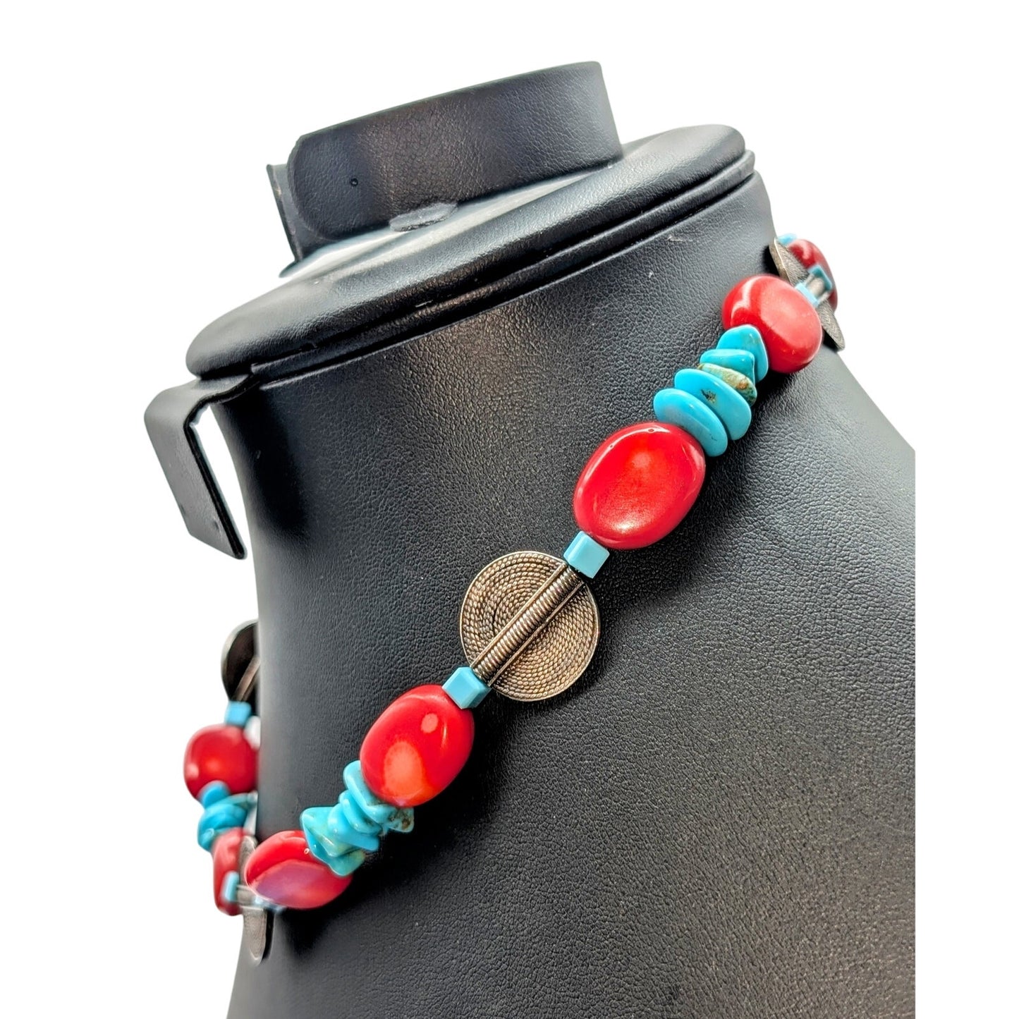 925 Sterling Sliver Modern Southwestern 16" Necklace w/ Coral & Turquoise 50.5g