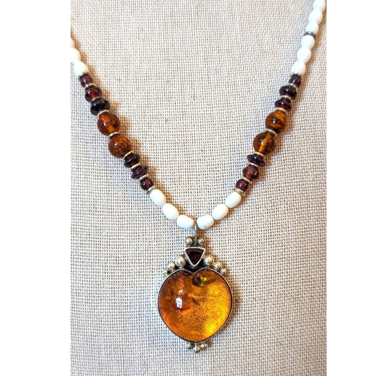 DEL Sterling Amber Heart Amber Garnet Freshwater Pearl Pendant Necklace