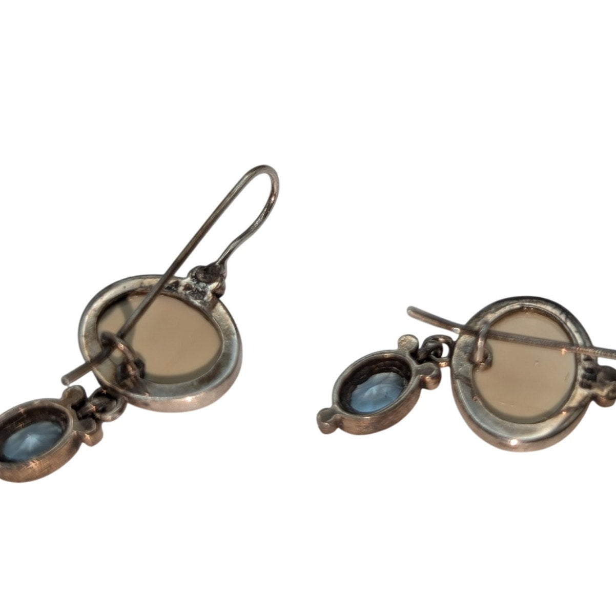 Vintage 925 Sterling Silver Abalone Shell Blue Glass Dangle Kidney Wire Earrings